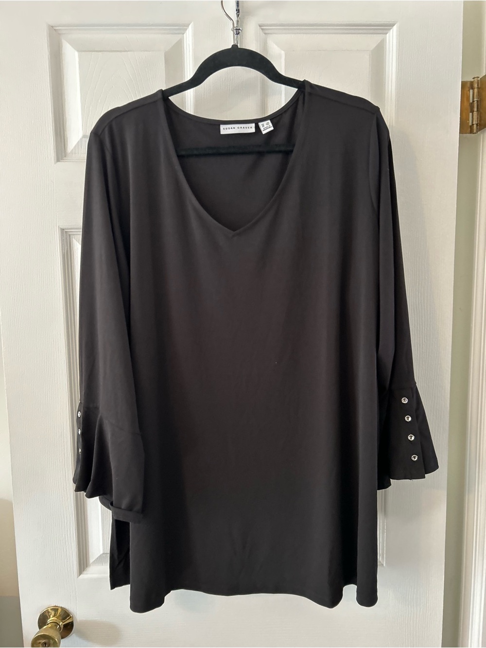 Susan Graver Black V-Neck Tunic with Button Cuffs